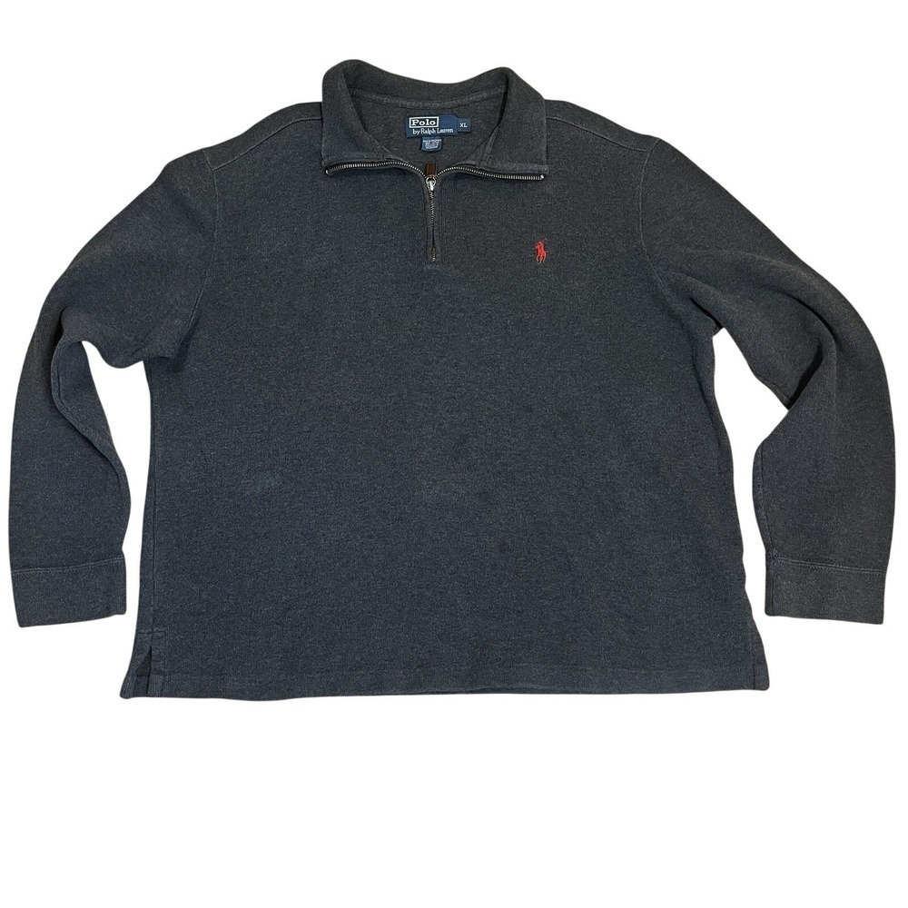 Polo Ralph Lauren Quarter Zip Sweater XL Charcoal Gray Red Pony Old Money Preppy